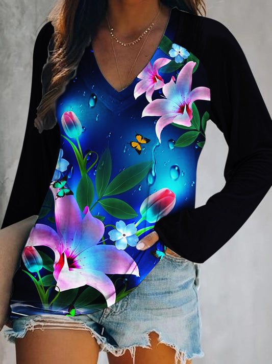 Butterfly Flower Print V-Neck Long Sleeve Top