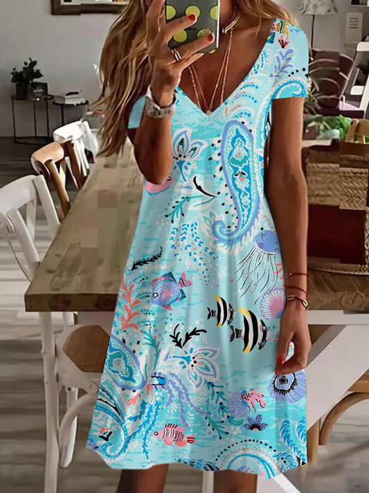 Under The Sea Paisley Print V Neck Short Sleeve Dress