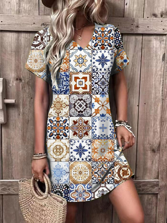 Floral Print V Neck Short Sleeve Dress