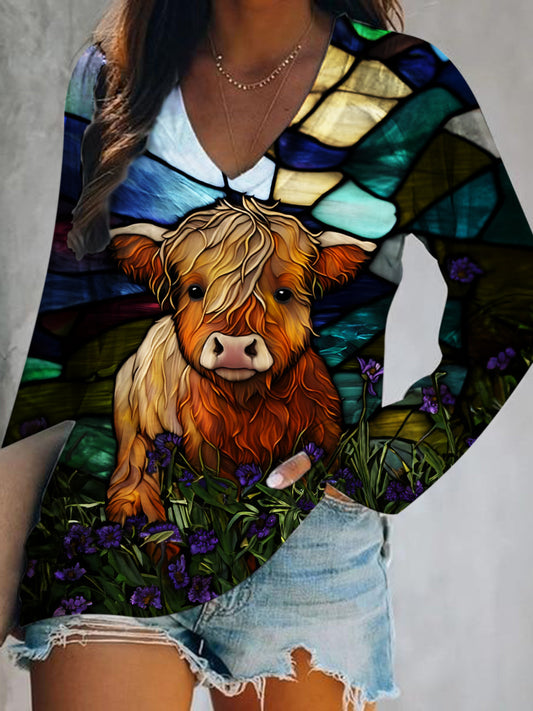 Women's Highland Cow Print V-Neck Top