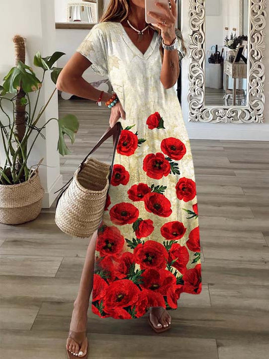 Flower Leaf Short Sleeve V Neck Maxi Dress