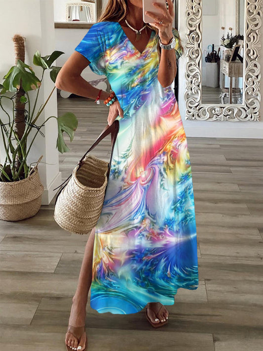 Abstract Short Sleeve V Neck Maxi Dress