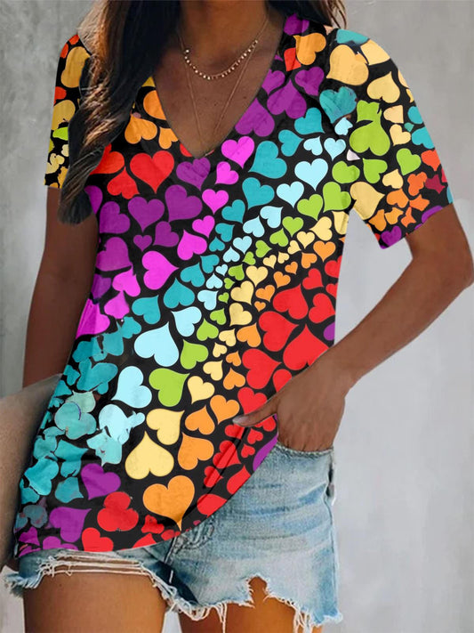 Rainbow Color Hearts Print Short Sleeve V Neck Top