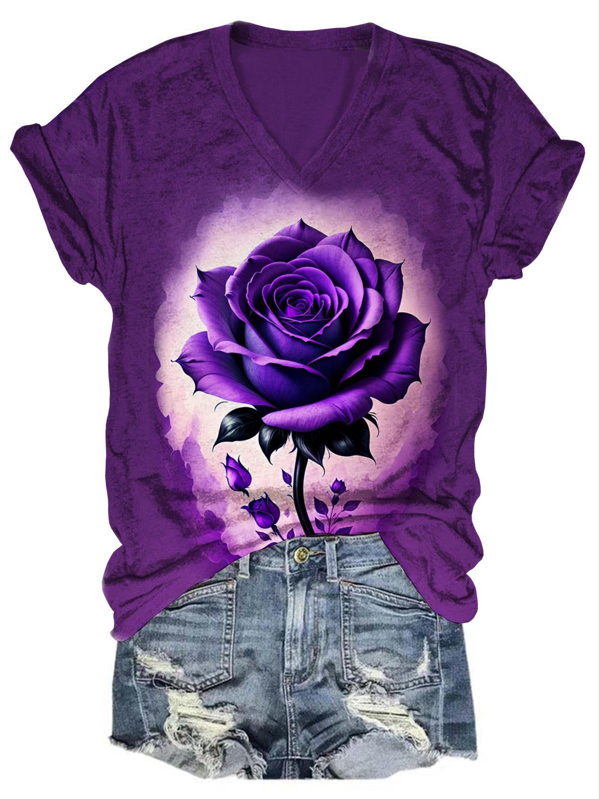 Rose Flower Gradient V Neck T-Shirt