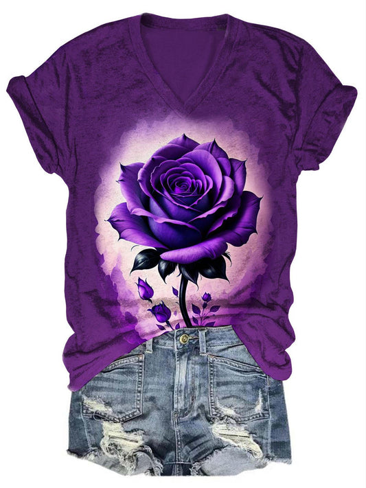 Rose Flower Gradient V Neck T-Shirt