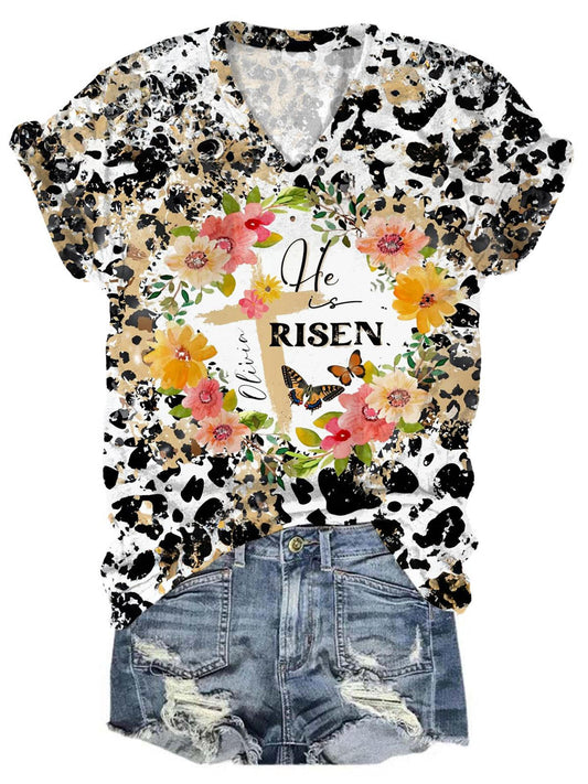 Cow Print Floral Cross He Is Risen V-Neck T-Shirt