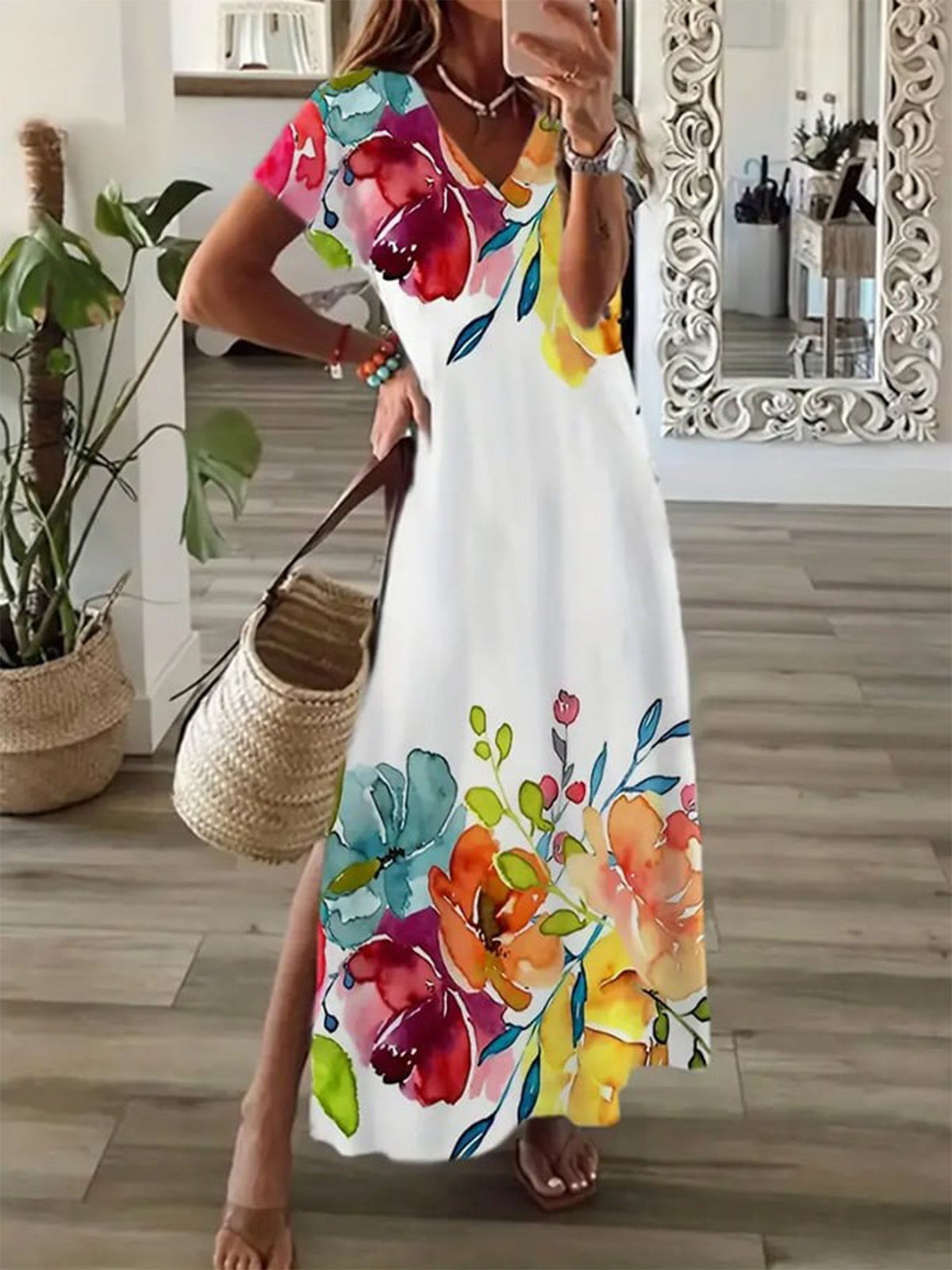 Flower Short Sleeve V Neck Maxi Dress