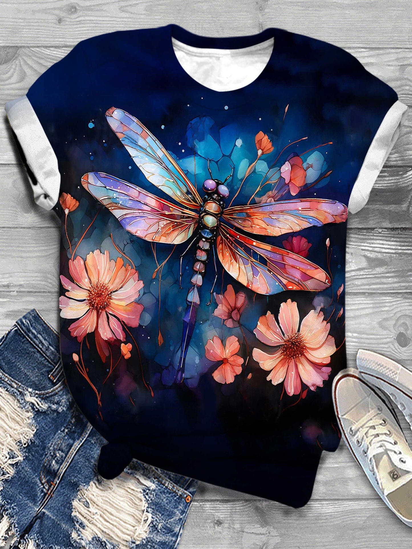 Dragonfly Print Short Sleeve Crew Neck T-Shirt