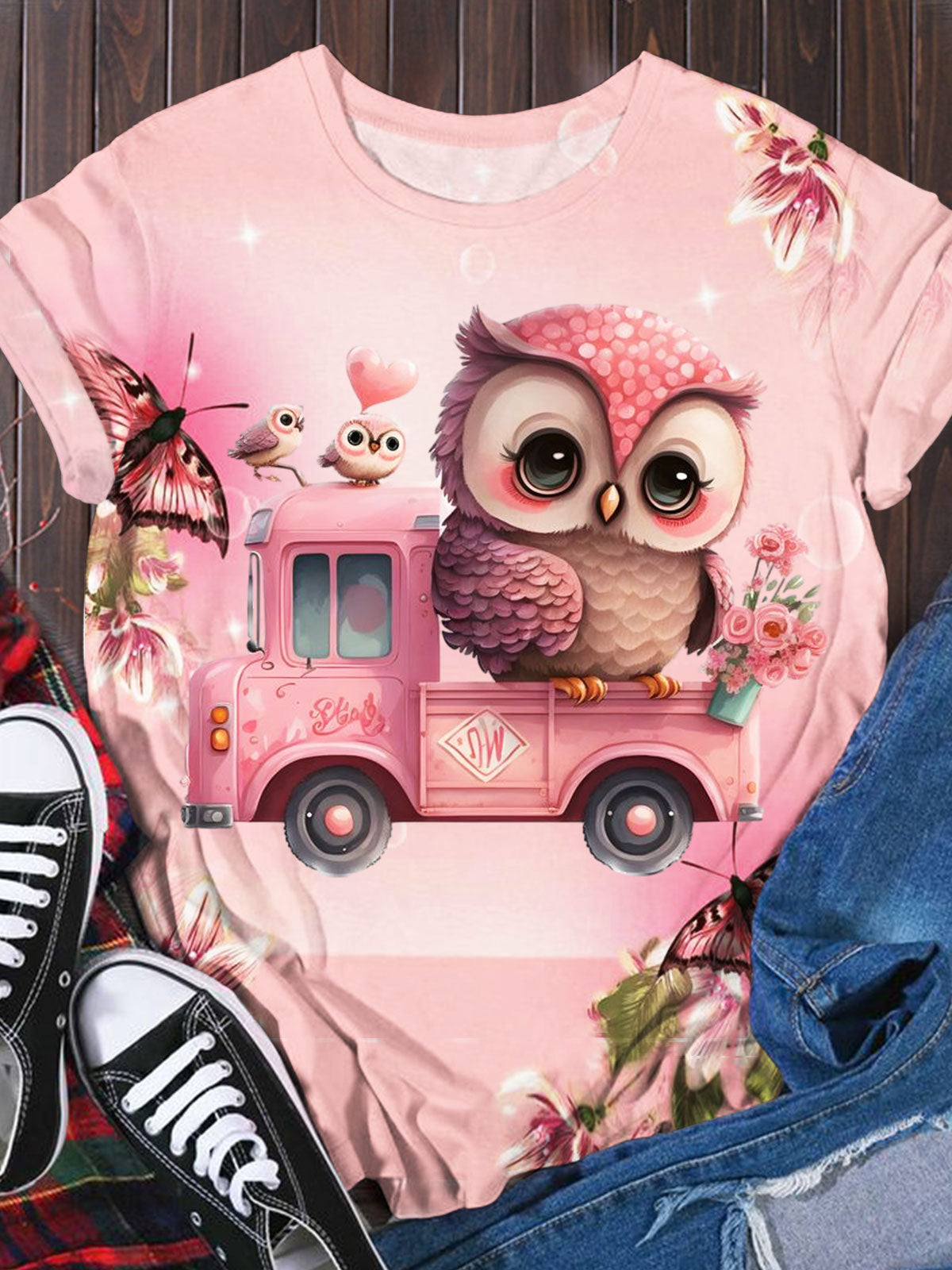 Women's Pink Trucker Owl Print Crew Neck Top