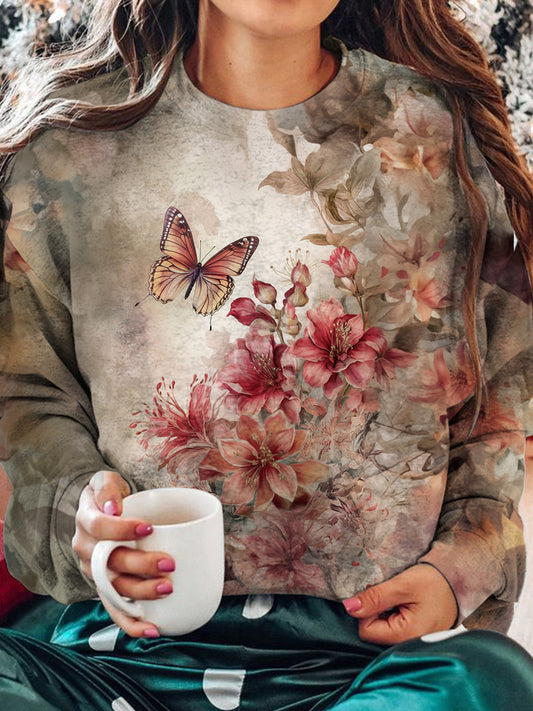 Butterfly Pink Flower Printed Long Sleeve Top