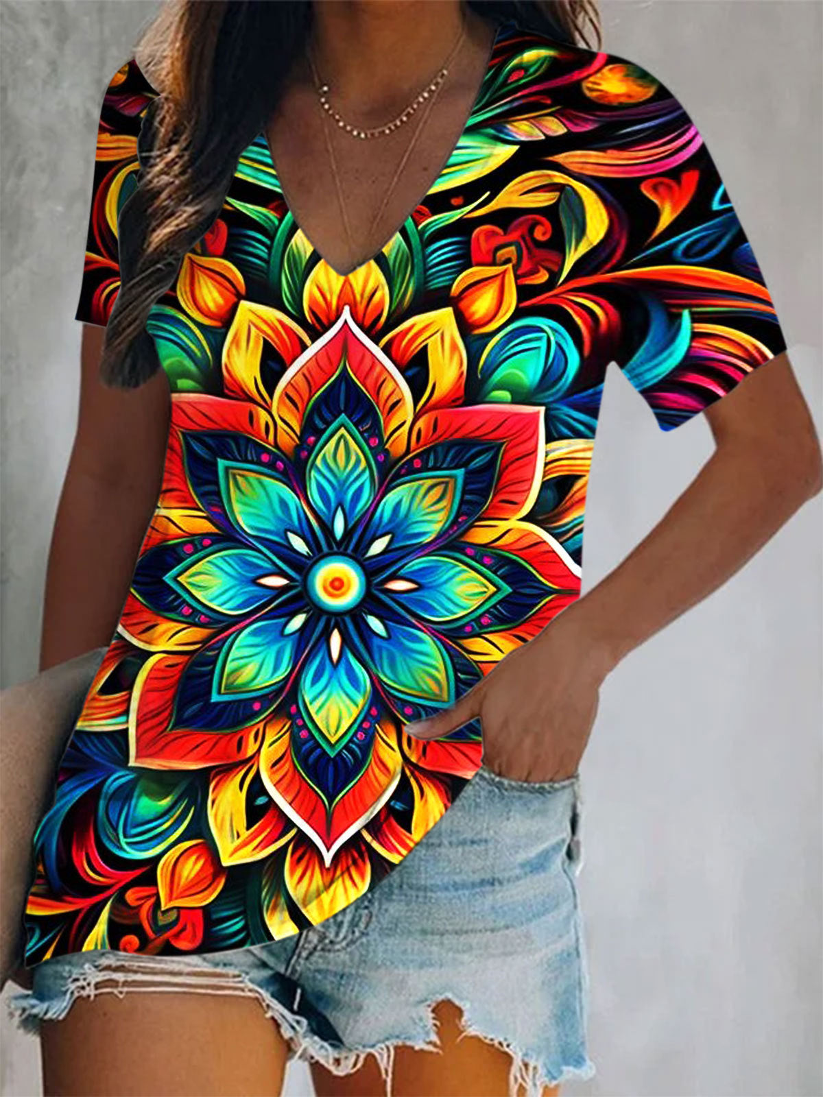 Colorful Mandala Print Casual Short-Sleeved T-shirt