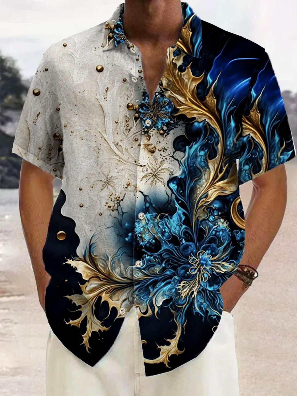 Flower Short Sleeve Men's Shirts With Pocket