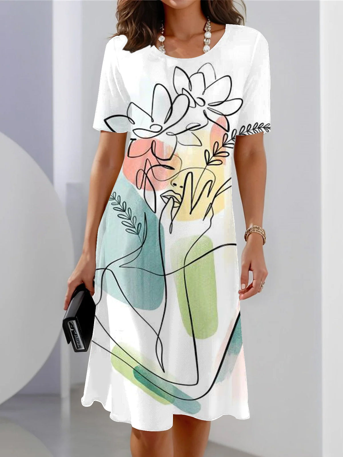 Flower Lady Print Short Sleeve Crew Neck Dress