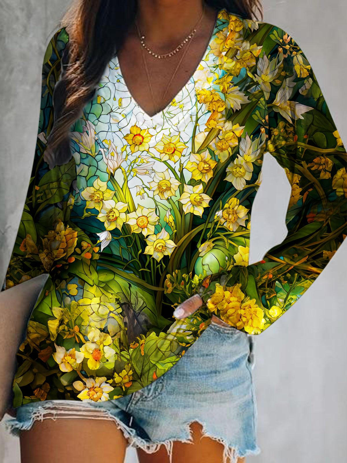 Women's Floral Print V-Neck Casual Top