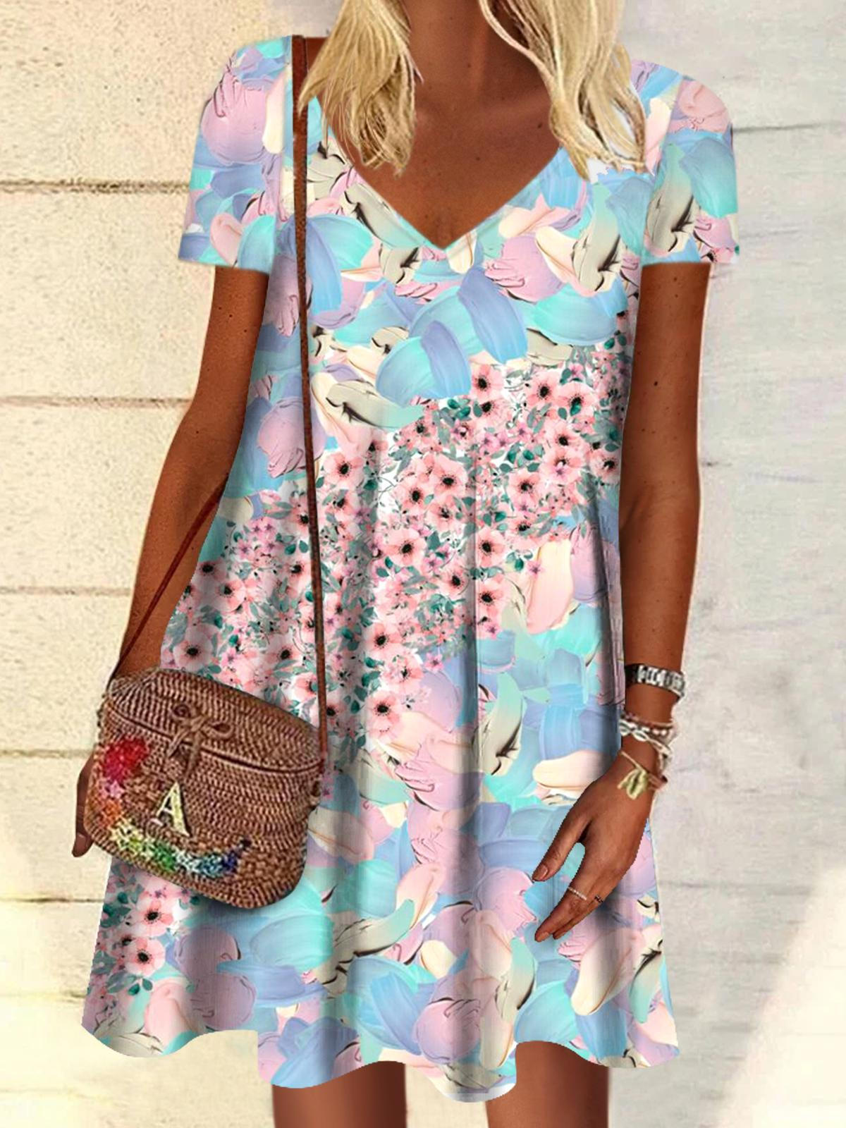 Floral Print V Neck Short Sleeve Dress