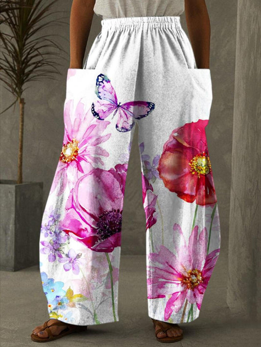 Watercolor Flower Butterfly Print Casual Pants