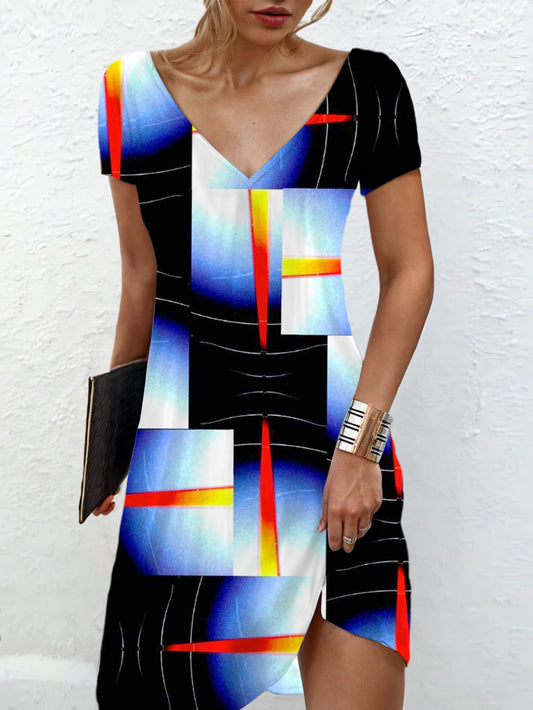 Abstract Geometry V Neck Short Sleeve Dress