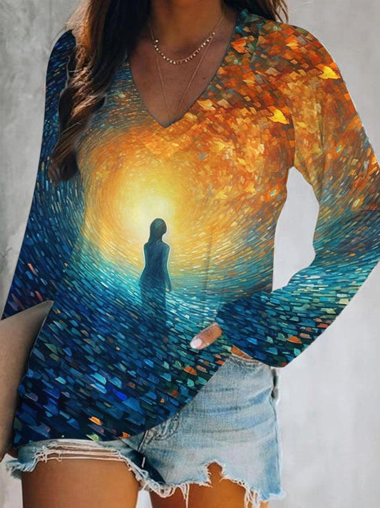 Abstract Art Painting Print V-Neck Long Sleeve Top