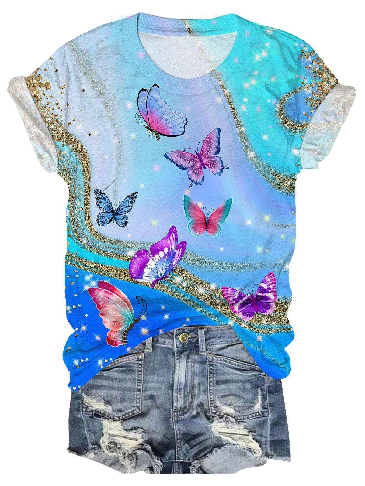 Women's Marble Butterfly Print Crew Neck T-shirt