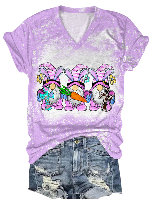 Easter Bunny Gnomes Print V-Neck Short Sleeve T-Shirt