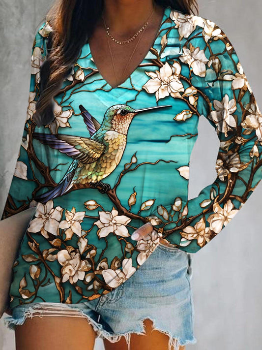 Hummingbird Print V-Neck Long Sleeve Top