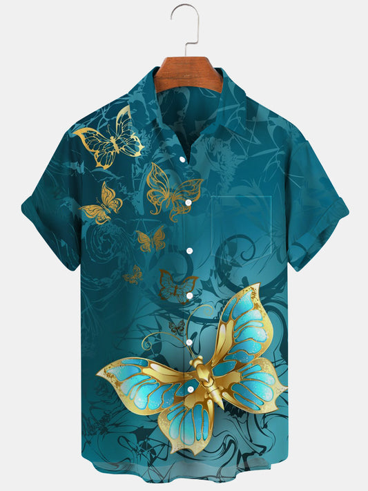 Butterfly Print Short Sleeve Men's Shirts With Pocket