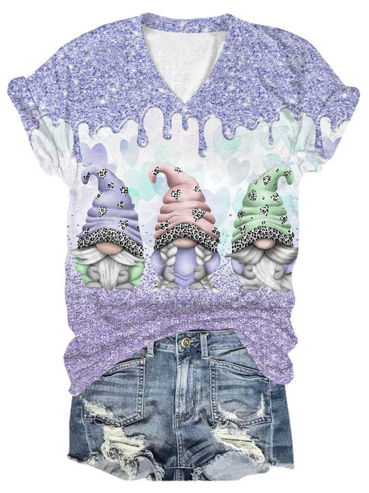 Glitter Gnomes Printed V-Neck T-Shirt