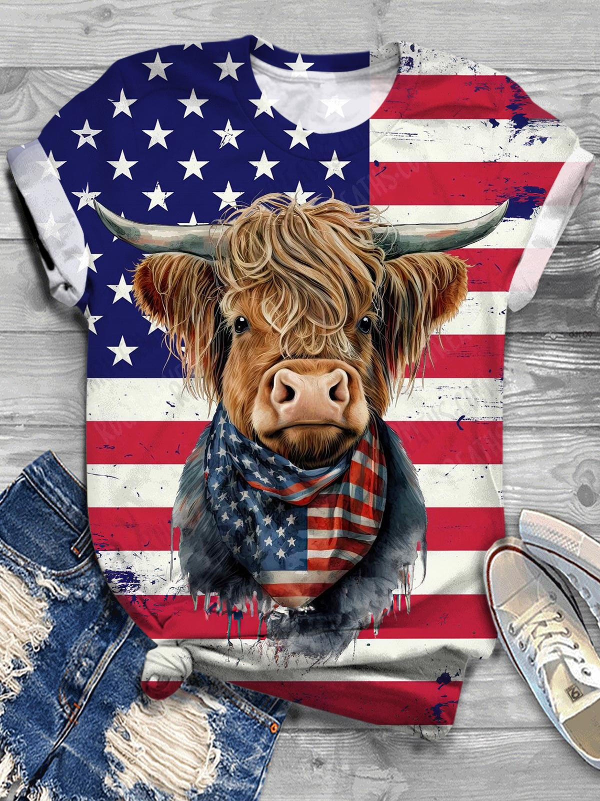 USA Flag Highland Cow Crew Neck T-shirt