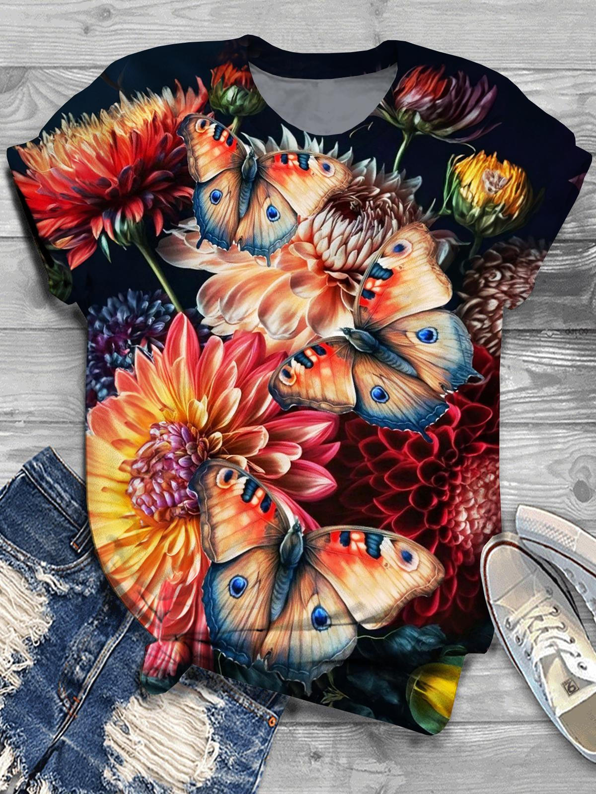 Butterfly Flower Crew Neck T-shirt