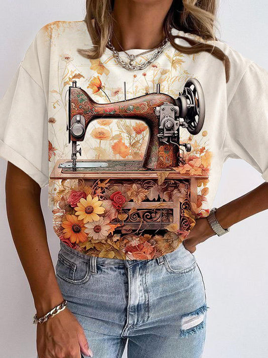 Women's Floral Sewing Machine Print Crew Neck Top