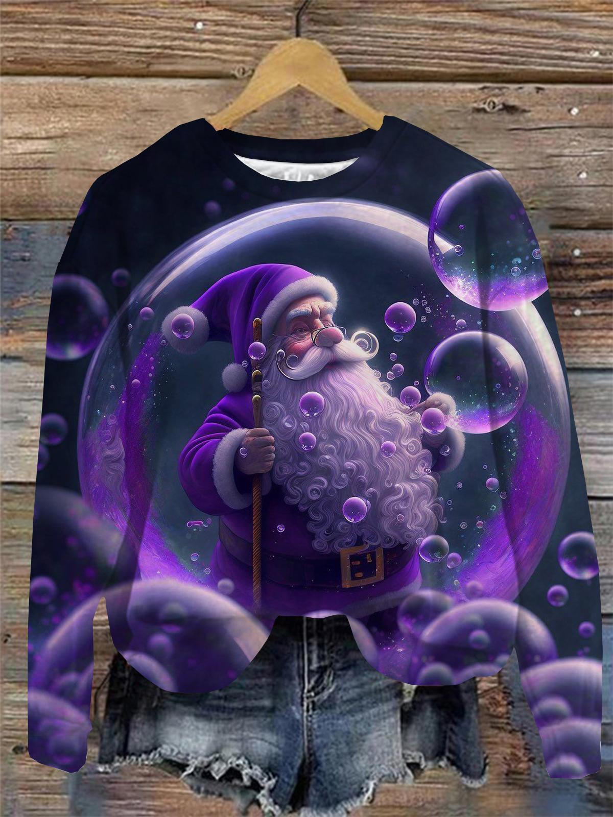 Women's Purple Santa Print Round Neck Long Sleeve Top