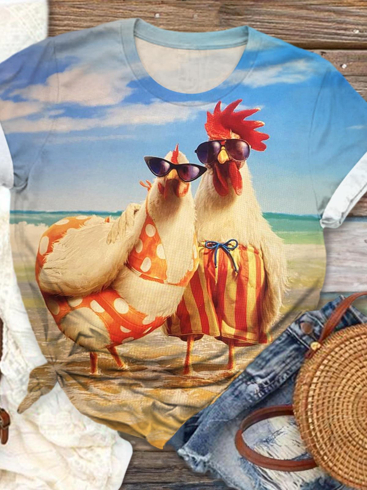 Vacation Chicken Couple Crew Neck T-shirt