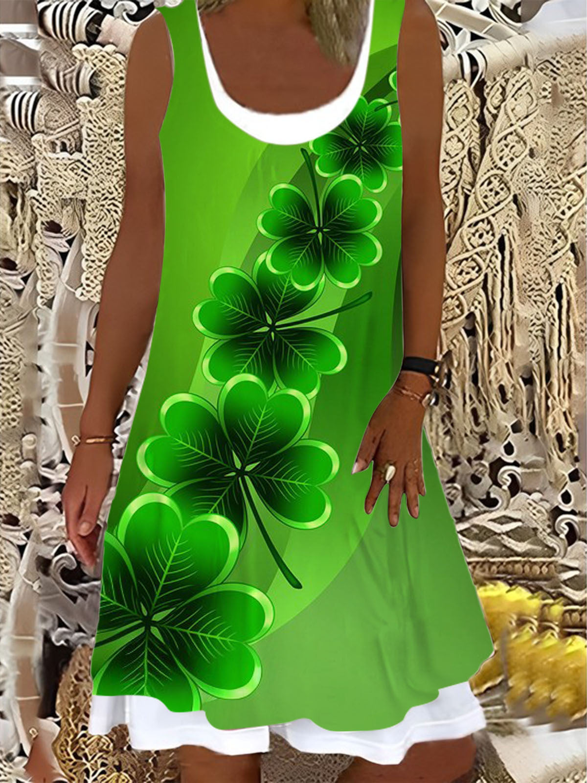 Ladies St. Patrick's Day Clover Print False Two Dress