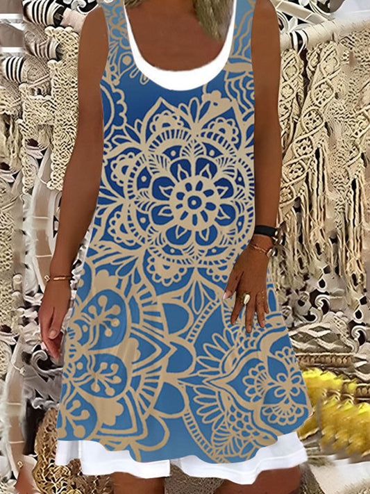 Blue And Gold Mandala Pattern Ladies Splicing Dress