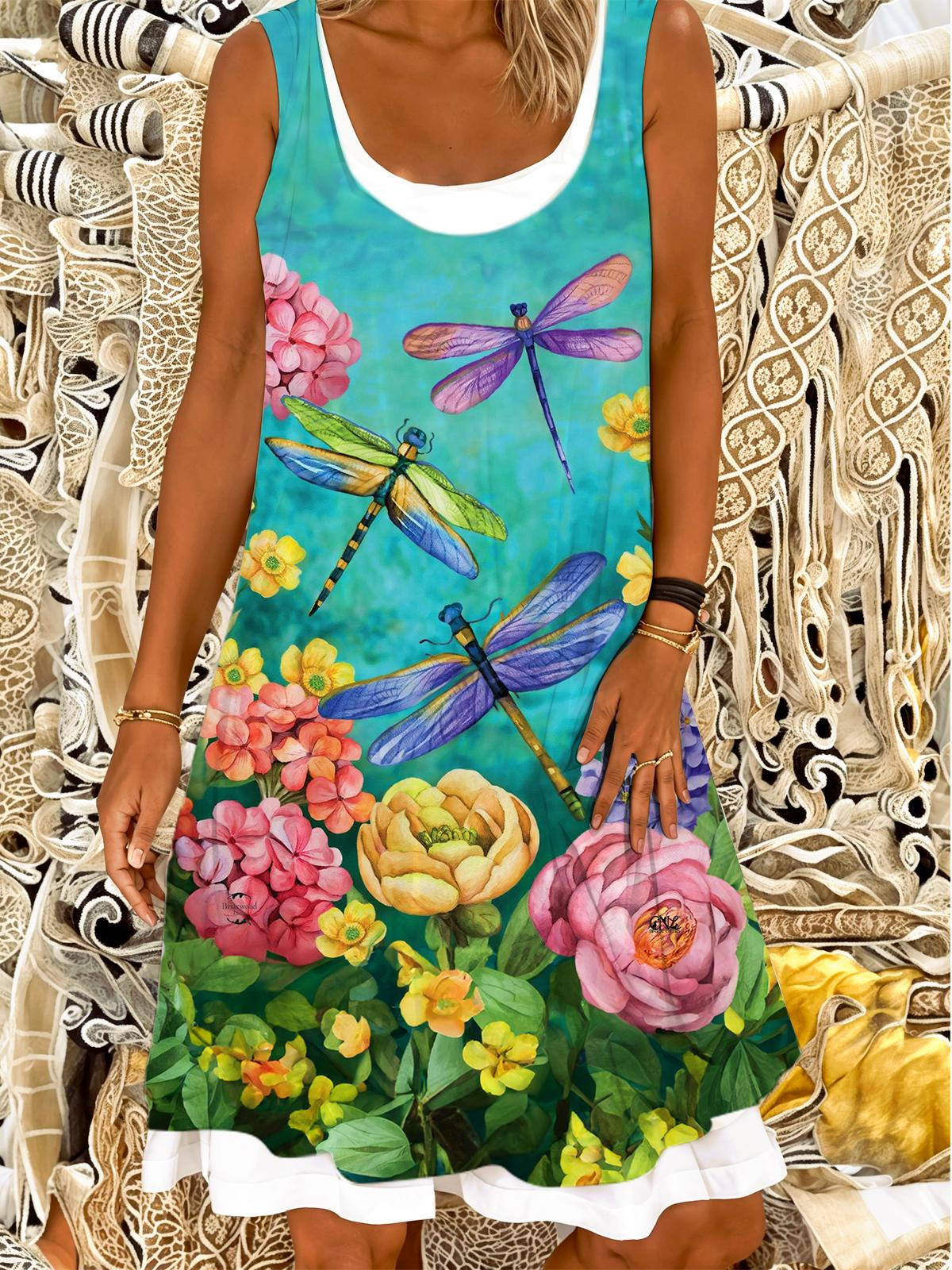 Flower Field Dragonflies Ladies False Two Dress