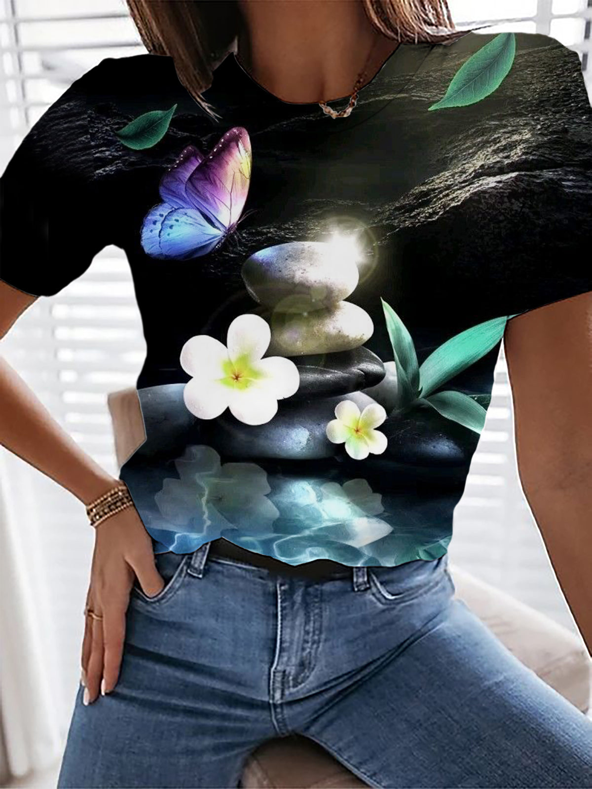 Butterfly Flower Crew Neck T-shirt