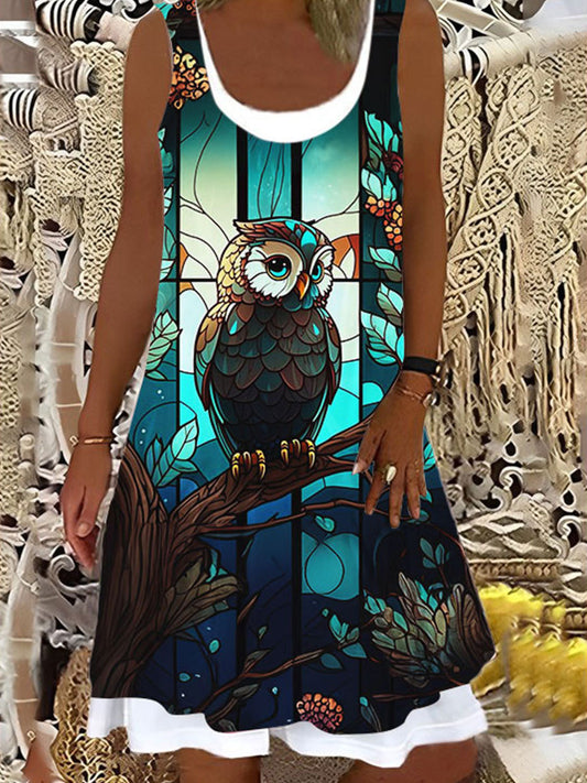 Owl Print Casual False Two Dress