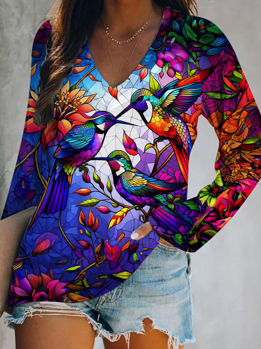 Women's Colorful Hummingbird Print Casual Top
