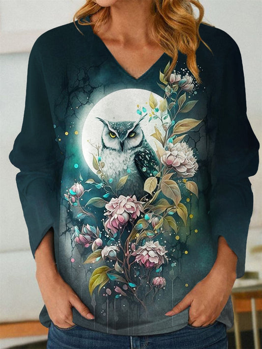 Women's Owl Floral Print Long Sleeve V-Neck Top