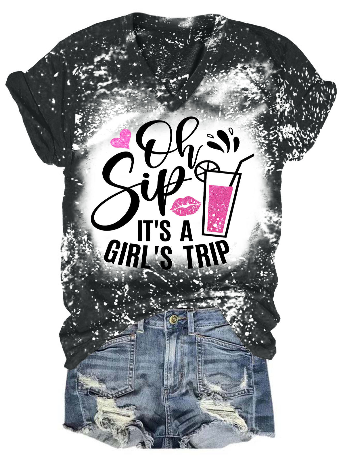 Oh Sip It's A Girl's Trip Drink Print V-Neck T-Shirt