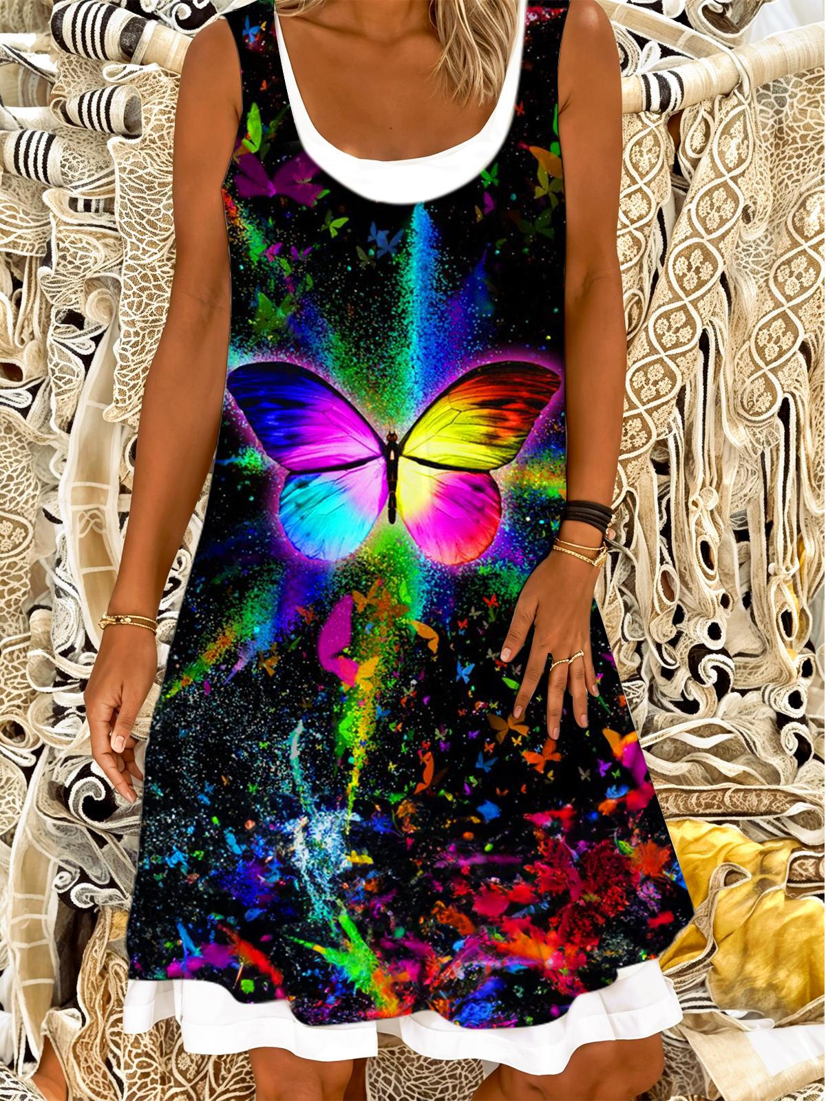 Rainbow Butterfly Graffiti Print Ladies False Two Dress