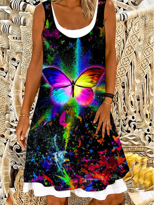 Rainbow Butterfly Graffiti Print Ladies False Two Dress