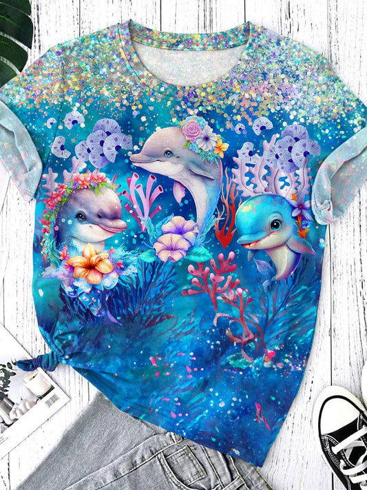 Flower Dolphins Print Crew Neck T-shirt