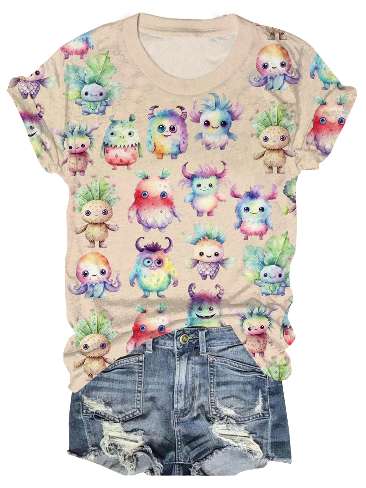 Cute Monsters Print Crew Neck T-shirt