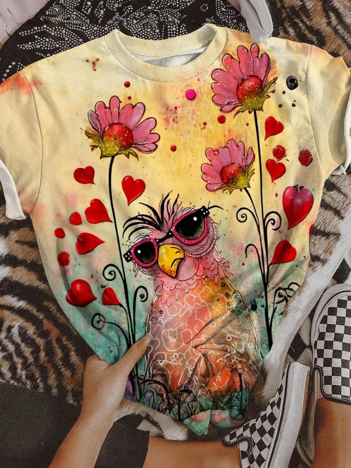 Sassy Floral Chicken Crew Neck T-shirt