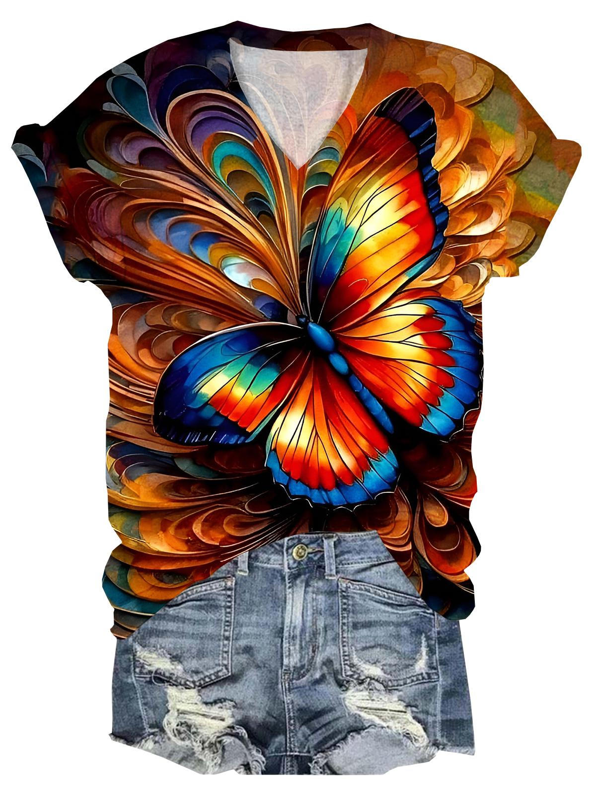 Butterfly V-Neck Multicolor T-Shirt