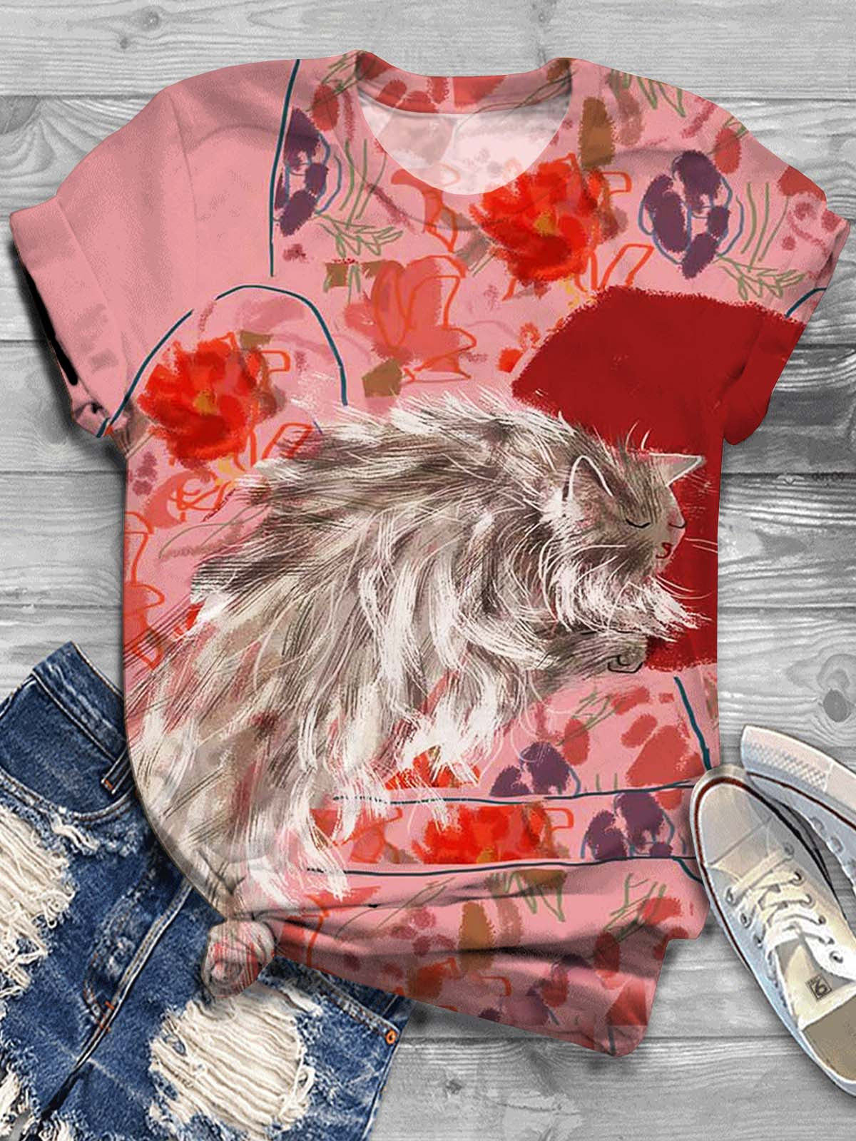 Cat Flower Sofa Crew Neck T-shirt