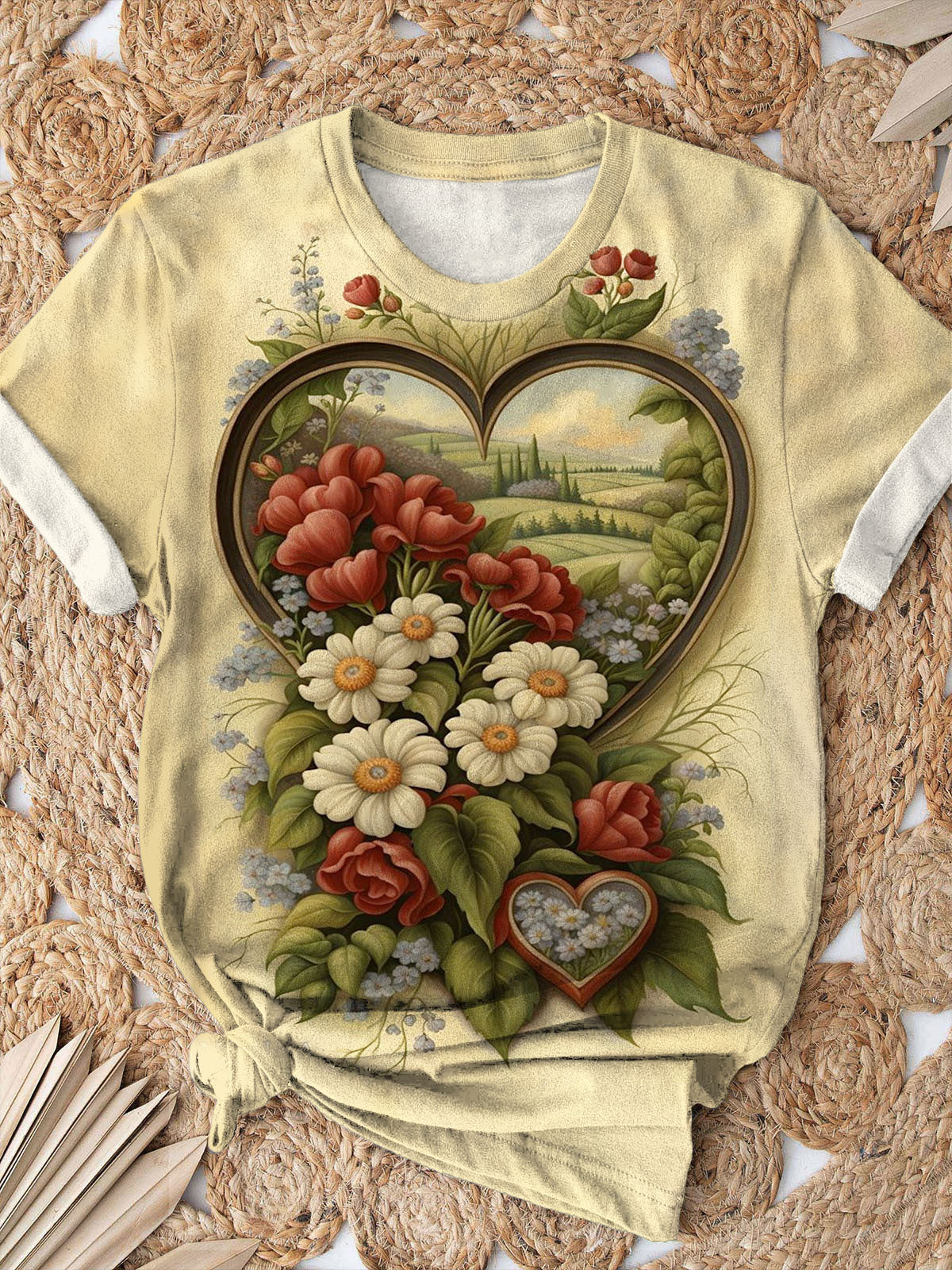 Retro Heart Floral Round Neck T-Shirt