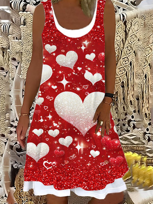 Ladies Glitter Valentines Day Hearts Print False Two Dress