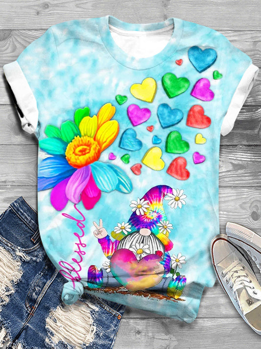 Colorful Flower Gnome Sweet Heart Print Crew Neck Tee